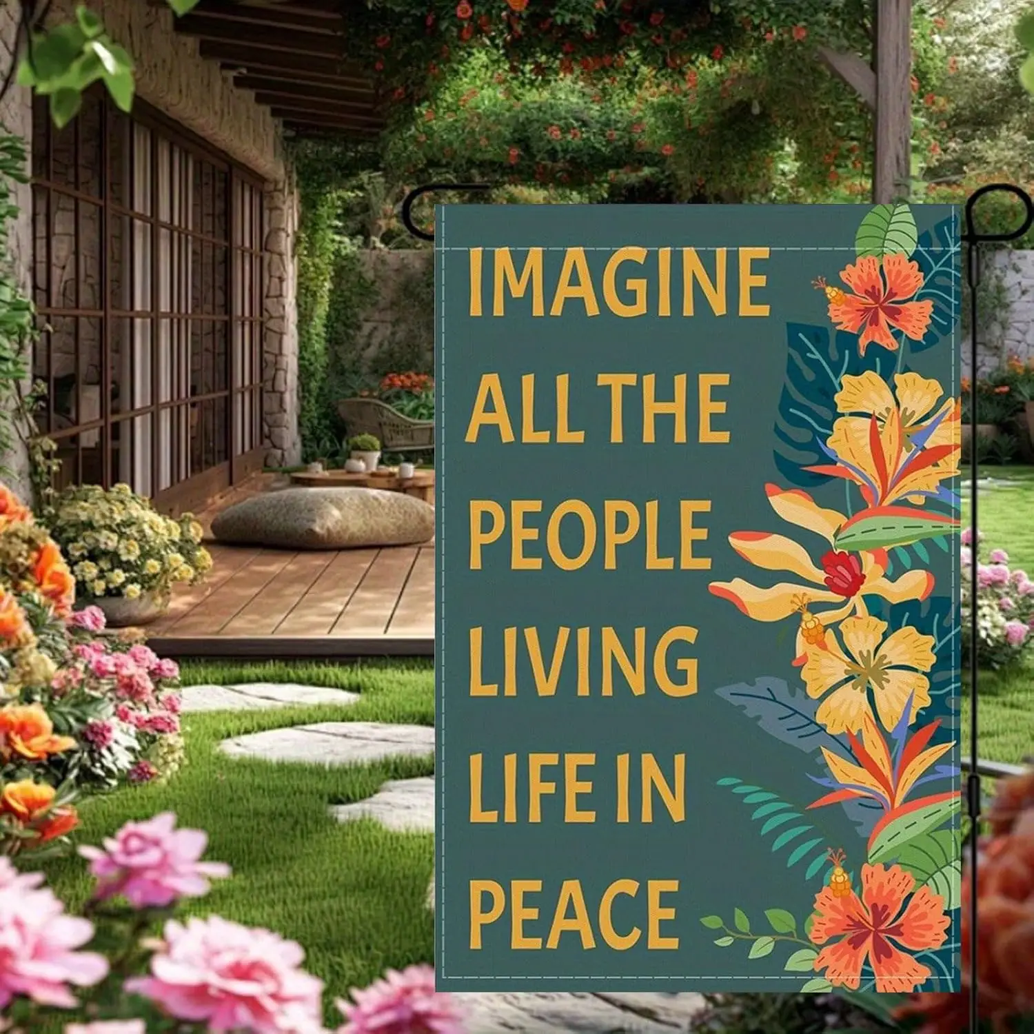 Garden Flag Imagine All the People Living Life in Peace Spring Summer Autumn Flag Double Sided Polyester Vertical Floral Flo yyi