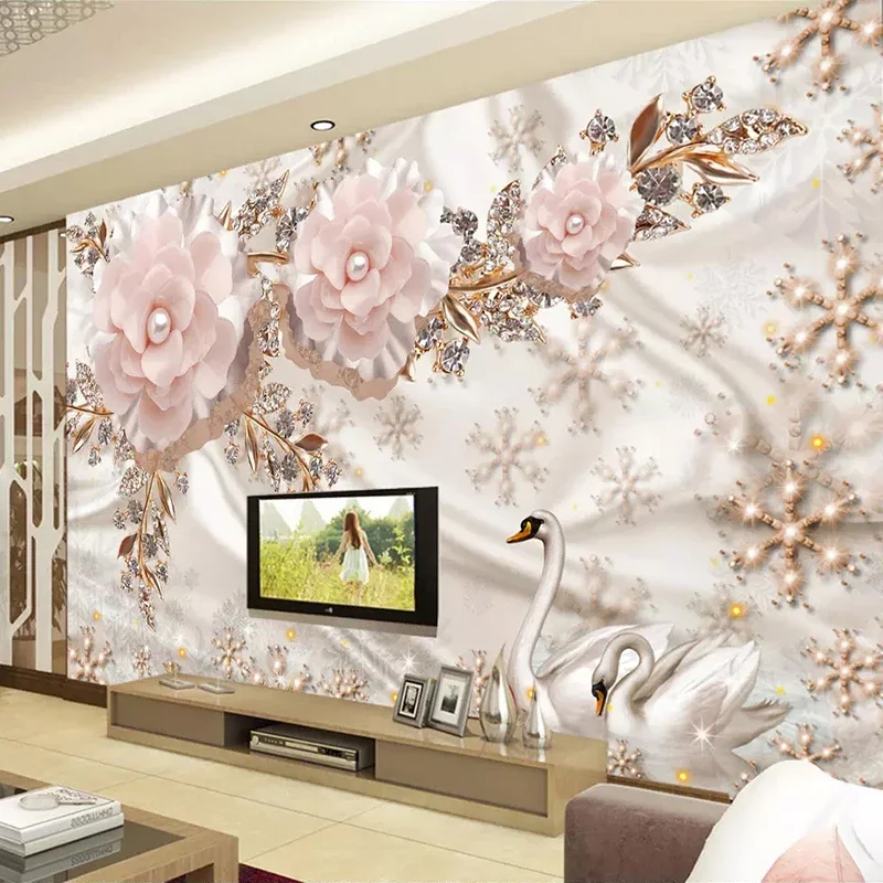 Custom Photo Wallpaper 3D Luxury European Style Swan Jewelry Flowers Living Room TV Background Wall Decor Mural Papel De Parede