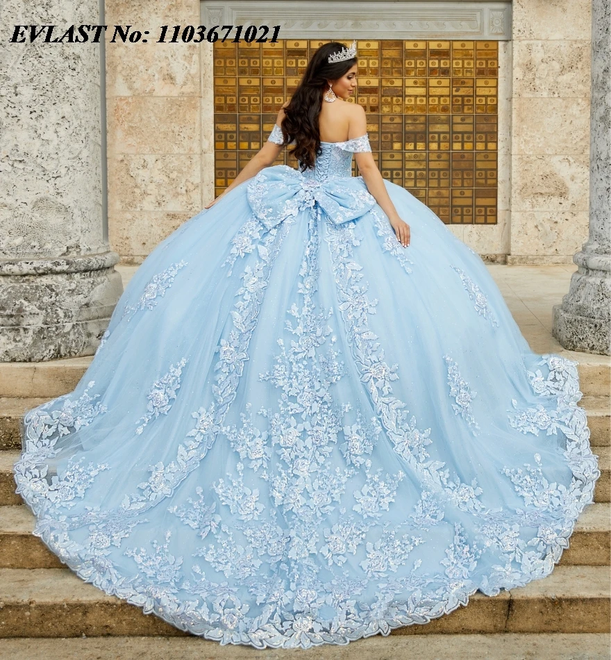 EVLAST Mexican Pink Quinceanera Dress Ball Gown Sequins Lace Applique Beading With Bow Tiered Corset Vestidos De XV Anos SQ316