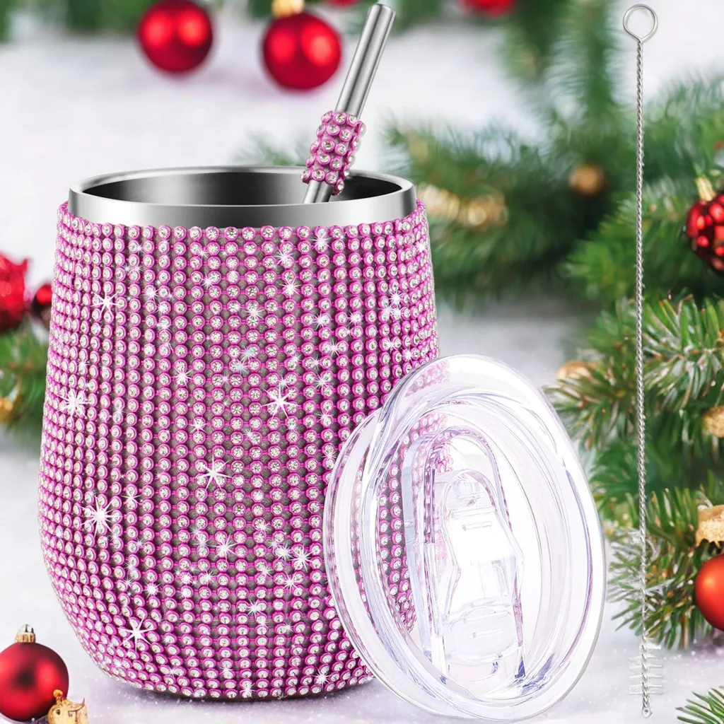 12oz Diamond Wine Tumbler With Sealed Lid Vacuum Thermo Beer Mug Cup Stainless Steel Mug Cup Champagne Party Bridemaid Gift Nana