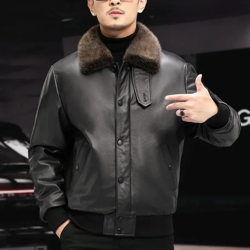 AYUNSUE Winter Genuine Cowhide Leather Jacket Men Warm Mink Fur Collar Down Coat Male Short Korean Coats Veste Homme