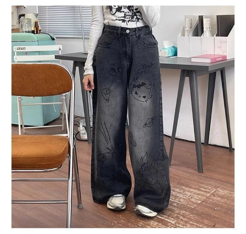 Vintage Cartoon Niedliche Gekritzel Y2k Jeans Amerikanische High Street Allgleiches Hosen für Frauen 2024 Frühling Sommer Neue Jeans Frauen