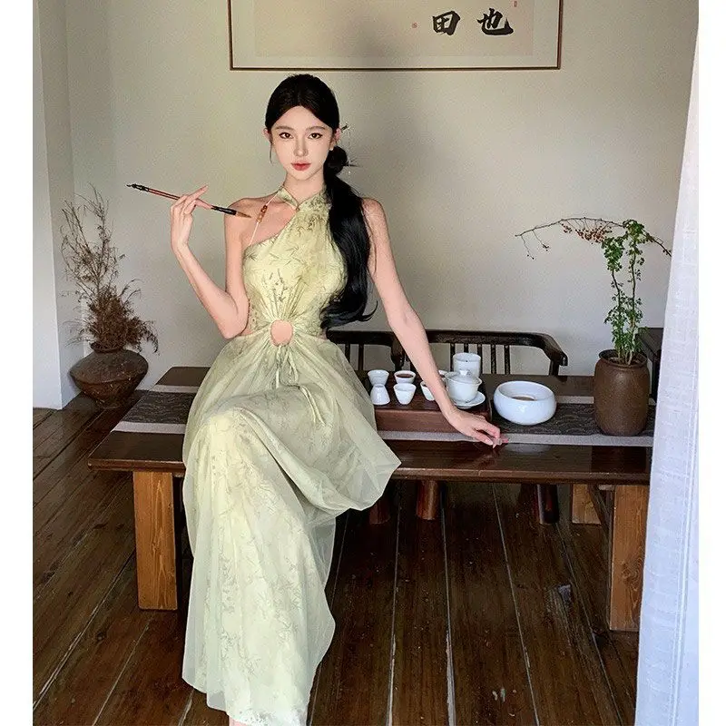 

Korea Vintage Green Mesh Bamboo Print Sexy Sleeveless Elegant Slim Chinese Long Dress Summer Hollow Off Shoulder Pleated Dresses