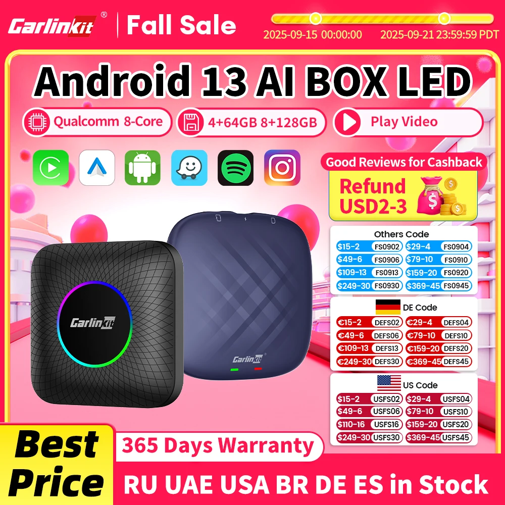 

2025 CarlinKit CarPlay AI Box Android 13.0 SM6225 8-Cores Android Auto Wireless CarPlay Adapter 2.4+5GGPS 64G 128G FOTA Upgrade