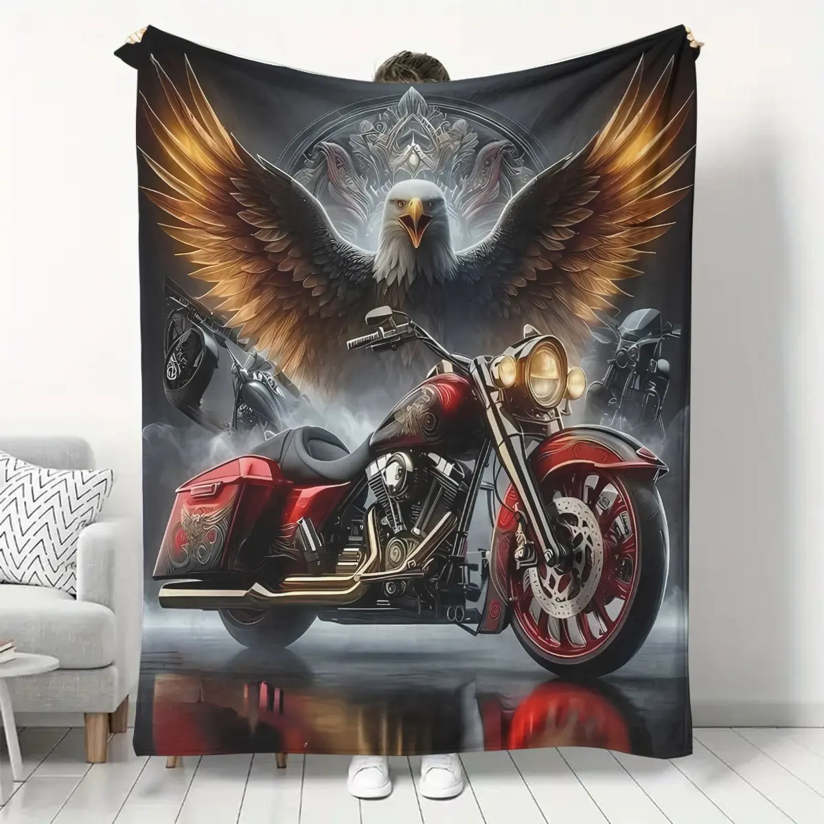 Biker Eagle Blanket Vintage Red Cruiser Motorcycle And Powerful Bald Eagle Gothic Pattern Art Soft Flannel Throw Blanket