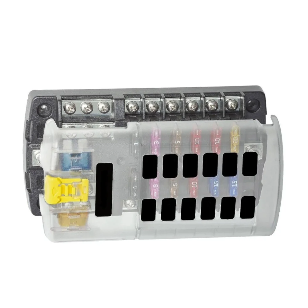 12 Circuit Fuse Panel with Ground Connection and Cover for Car RV For Yacht and Mobile Electrical System Organization