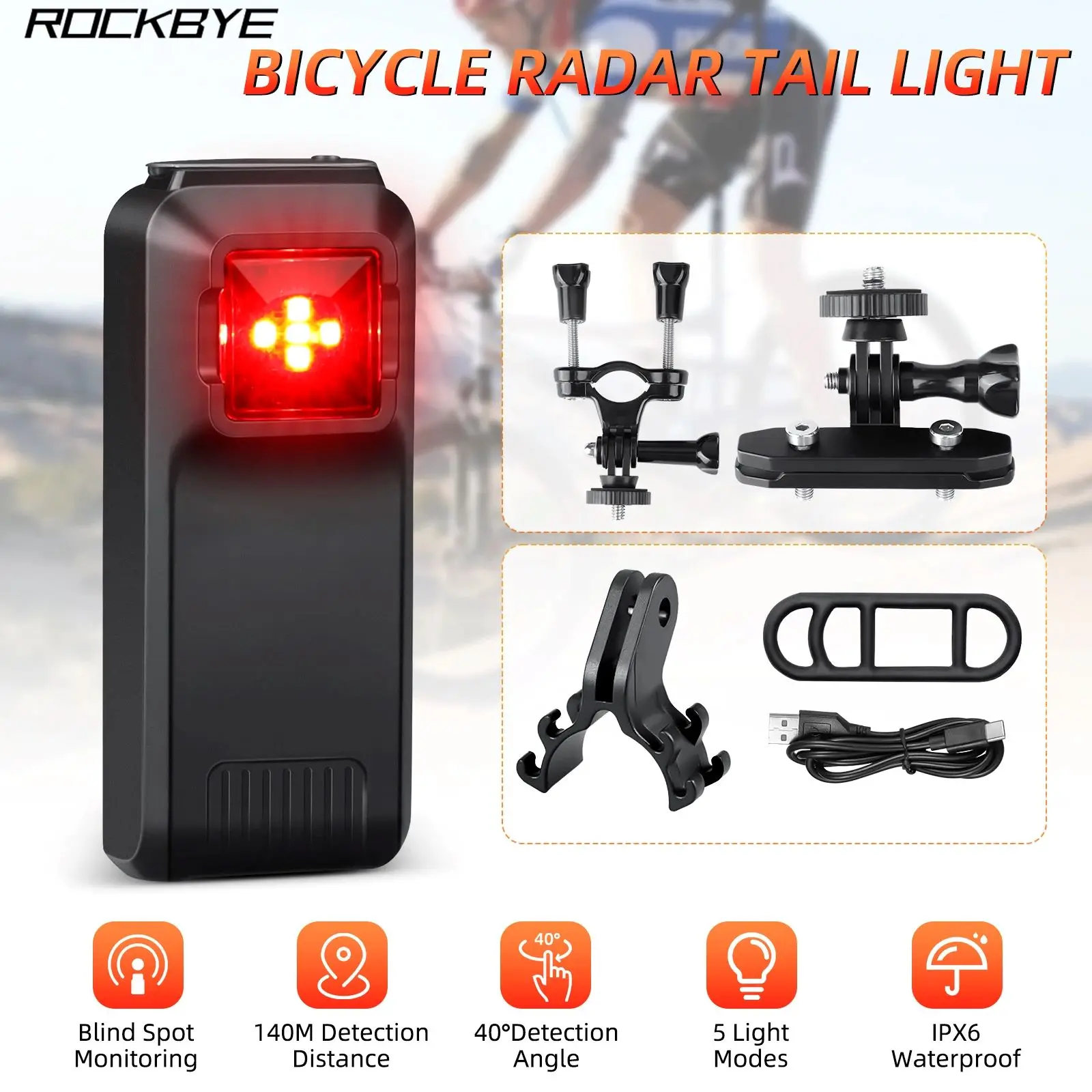 

Rockbye W100 Bicycle Rearview Radar Taillight Type-C Rechargeable IPX6 Waterproof 5 Modes Blind Spot Monitor Safe Rear Lamp