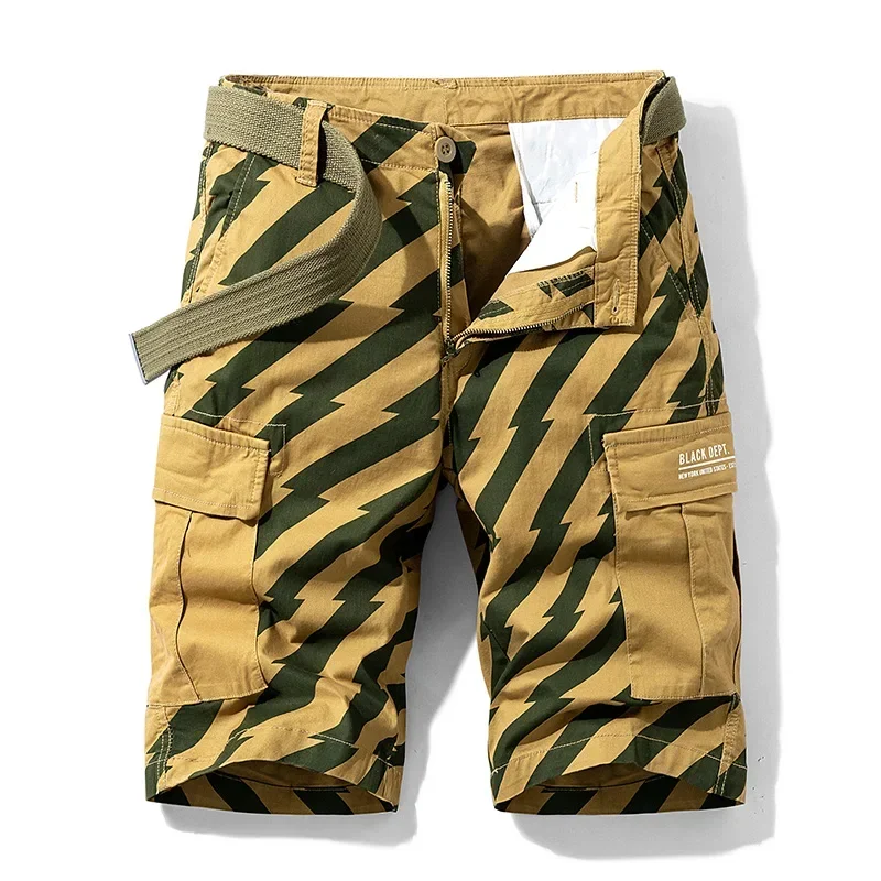 Men's Striped Cargo Shorts Summer Breathable Cotton Tactical Shorts Outdoor Multi Pockets Hiking Military Shorts Male