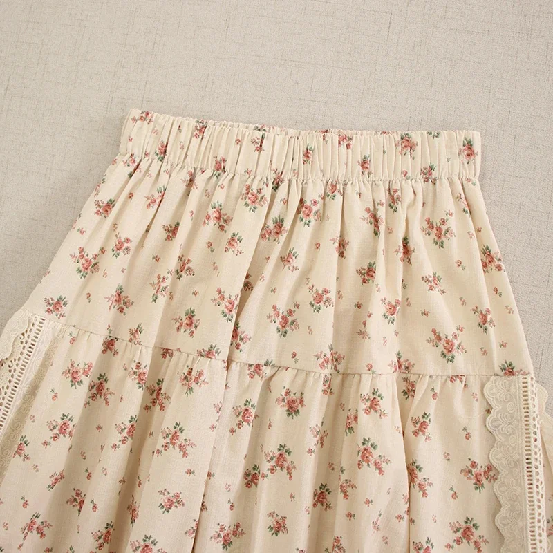 Spring Sweet Mori Giral Lace Bandage Stitched Floral Print Skirt Women Elastic Waist Casual Double Layer Cotton Pleated Skirts