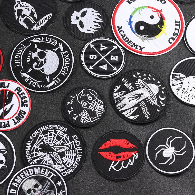 Punk Style Black Circle Iron-On Patches Clothe Embroidery Applique Sewing Supplies Decorative Handmade Badges ROCK MUSIC