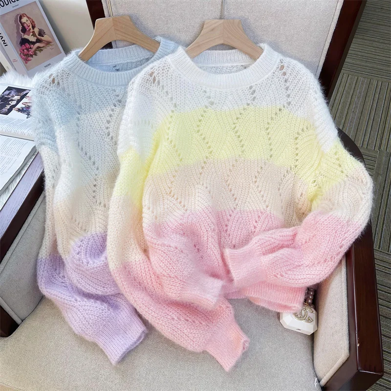 

Knitted Pullover Women Sweater Jumper Spring Autumn Long Sleeved Top Loose Gradual Color Stripe Sweaters Female Clothes