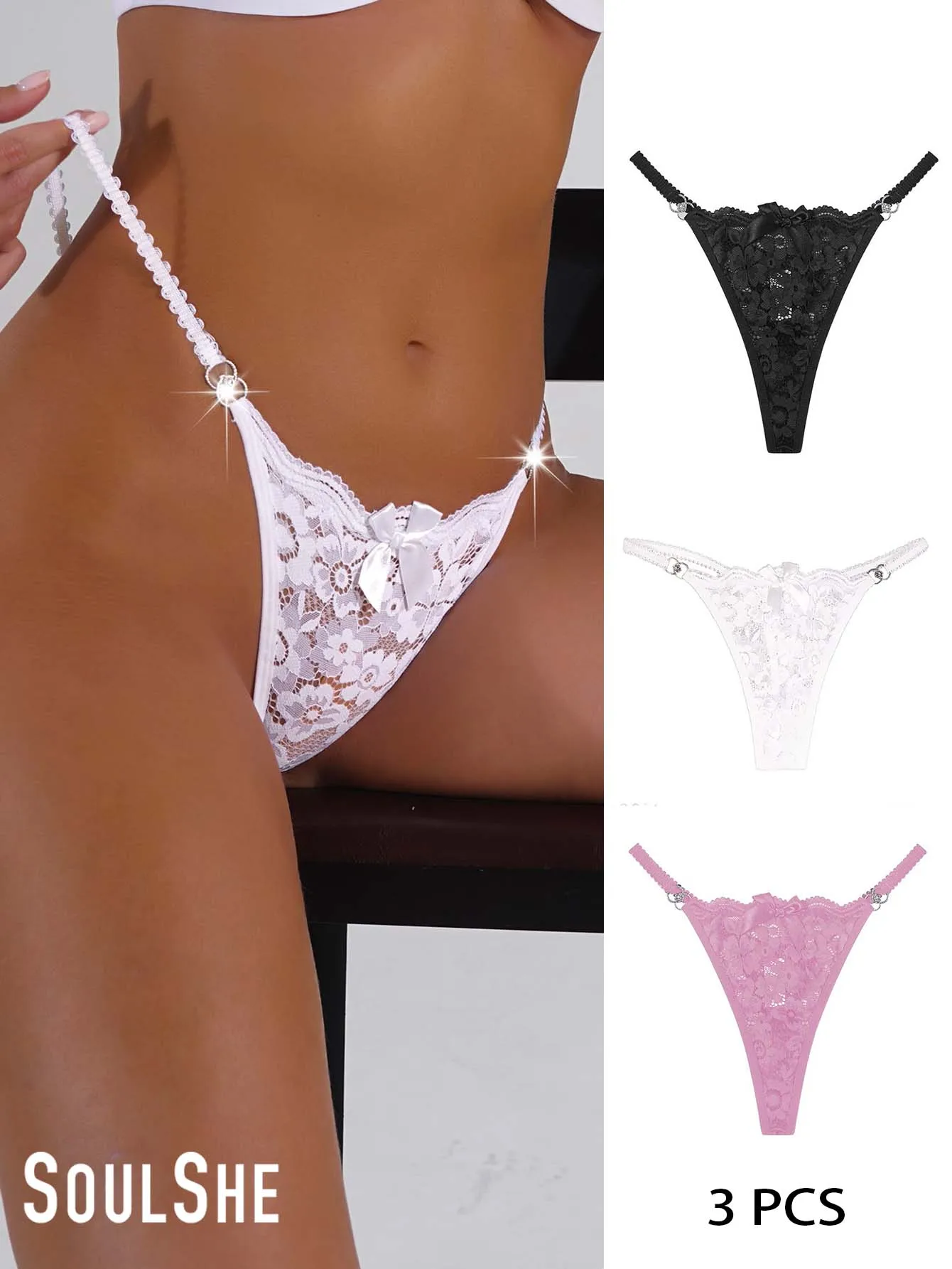 3pcs Women Sexy tanga thong Rhinestone Bow Tanga Panty Low-Waist Briefs Sexy victoria pink style Intimate Female Underpants