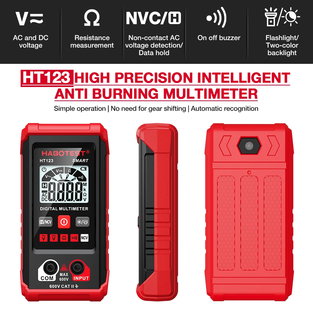 HABOTEST HT123 Smart Digital Multimeter AC/DC Voltage Resistance Continuity Measurement Tester NCV Multimeter with Backlight