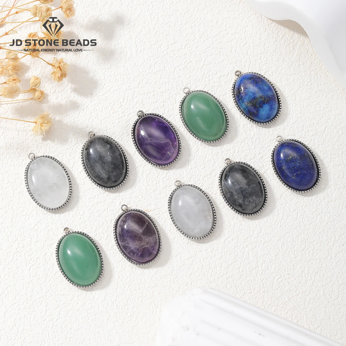 Natural Gemstone Pendant 304 Stainless Steel Silver Tone Lapis Lazuli Black Flash Stone Green Aventurine Clear Quartz Amethyst