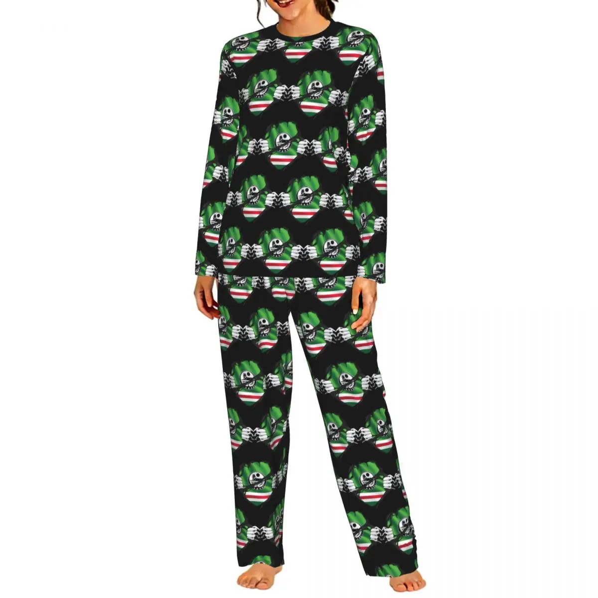 Chechen Borz Wolf Coat Of Arms Of Chechnya Round Neck Long Sleeve Nightgowns for Sleepshirts Women Soft Pajama Set Long Pants