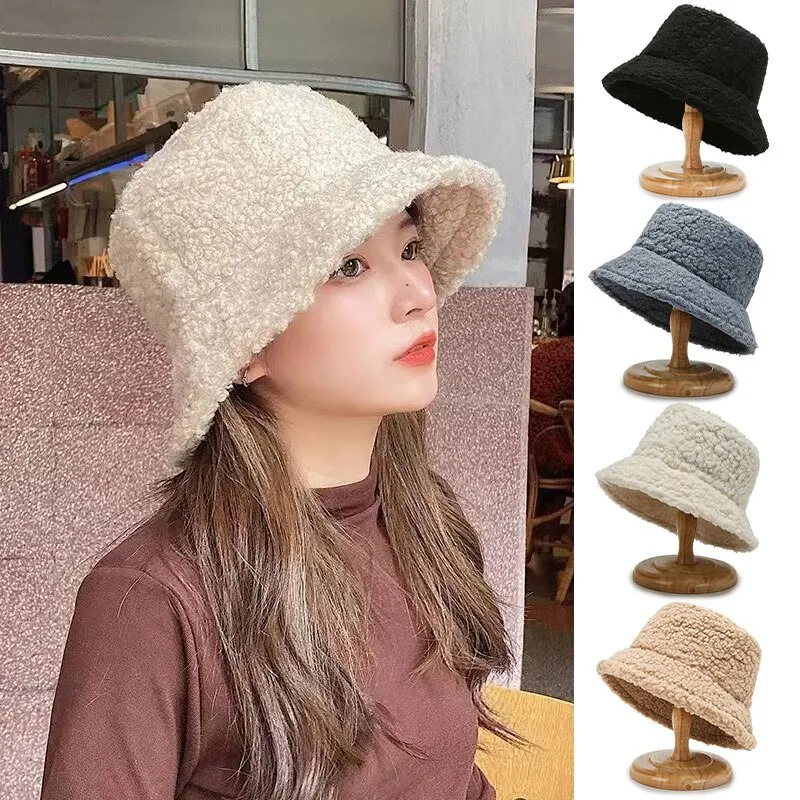 Unisex Harajuku Bucket Hat Solid Men Fishing Fisherman Hat Autumn Winter Lamb Wool Outdoor Warm Panama Cap For Women