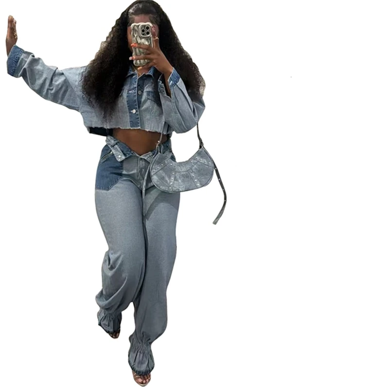 Streetwear Kowbojskie 2-częściowe zestawy damskie Strój wiosenny Kobiety 2025 Przycięta kurtka Top i spodnie Zestawy Casual Denim Woman Sets — zdjęcie 2