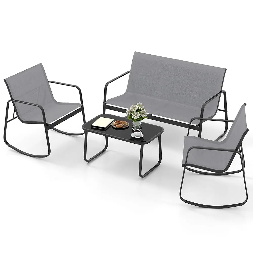 

4-Piece Patio Furniture Set, Textilene Conversation Set With 2 Rochairs And Tempered Glass Coffee Table, Perfect For Indoor