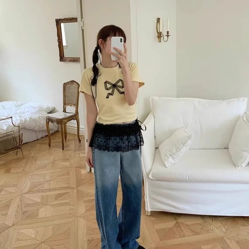 Minigonna in pizzo Y2k moda Lolita Gonna in garza stile coreano Gonna corta con tenda sul sedere Gonna con bordo arricciato Streetwear