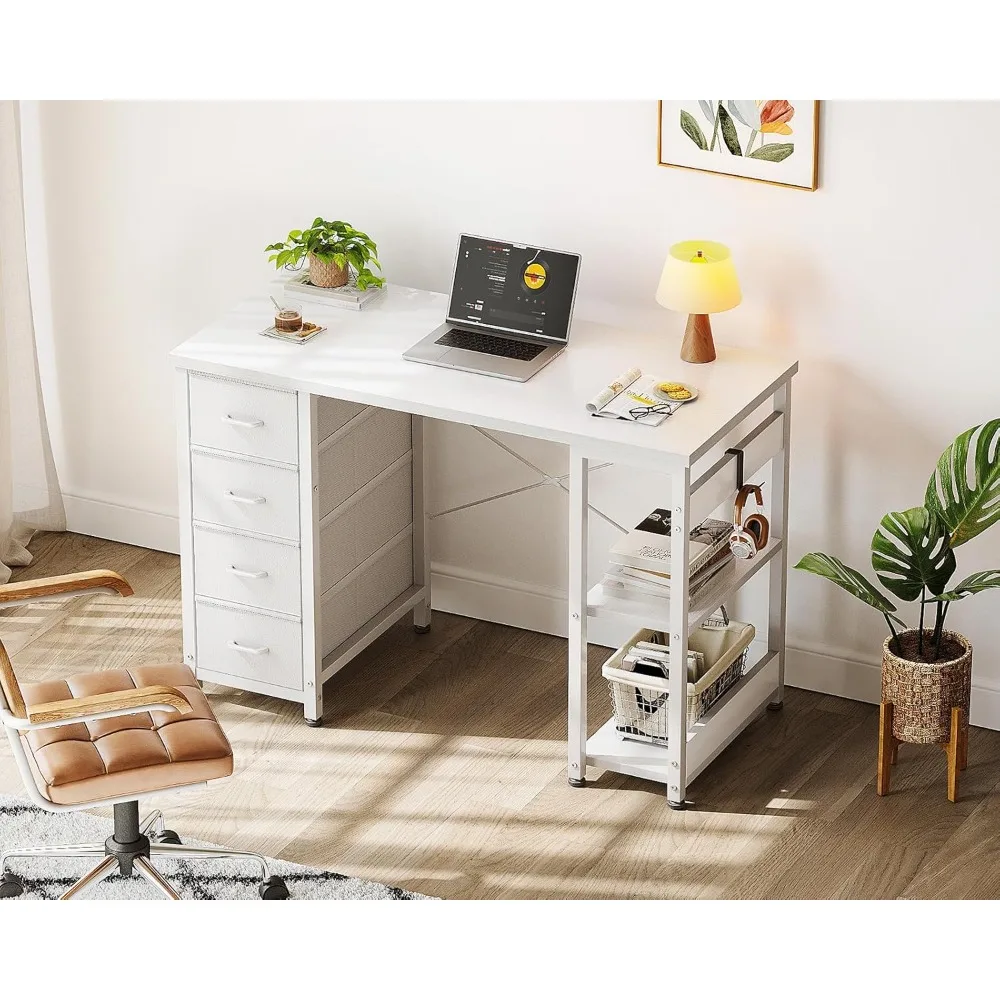 40 Inch Small White Computer Desk with 4 Fabric Drawers, Modern Writing PC Desk for Small Spaces, Home Office Study Table with