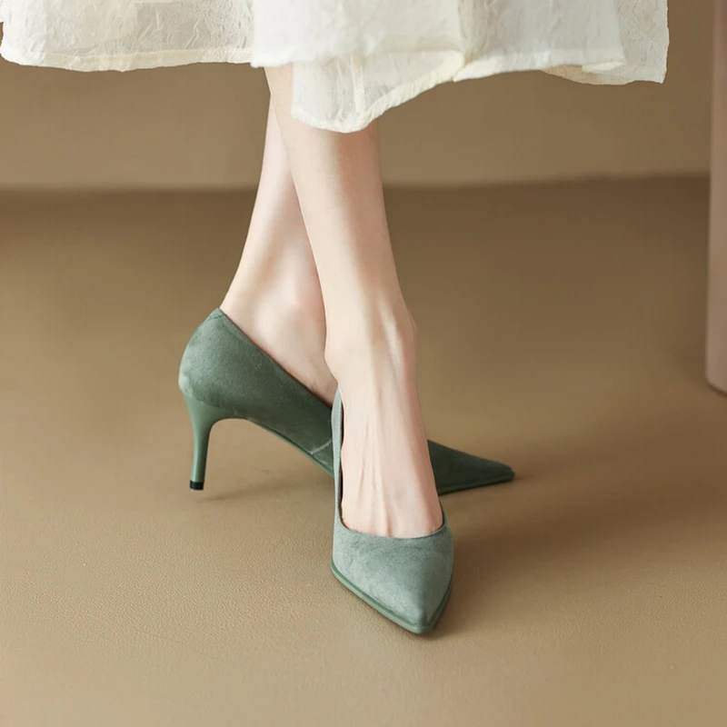 New Spring Women Shoes Pointed Toe Thin Heel Pumps for Women Sheep Suede High Heels Green Women Stiletto Heels Zapatos De Mujer