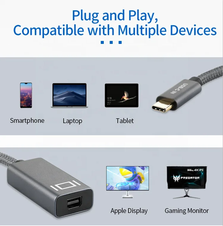 Адаптер USB Type C к Mini DisplayPort 4K, 60 Гц, 2K, 144 Гц, конвертер USB-C «папа» к Mini DP «мама», USB-C/Thunderbolt 3 к Mini DP