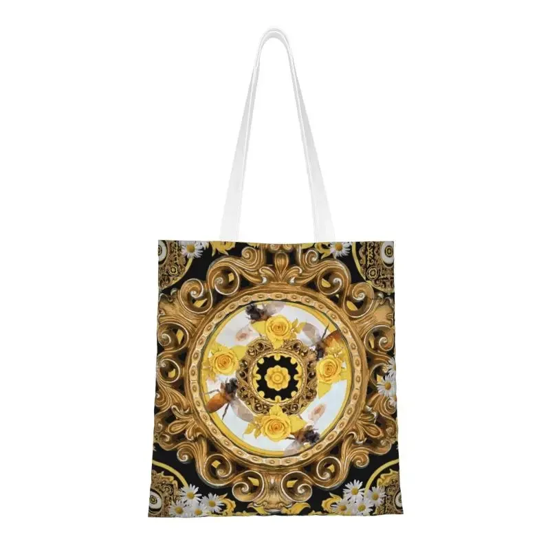 Yellow Rose And Bees Vintage Kitsch Baroque Scarves Grocery Shopping Bags Print Canvas Shopper Shoulder Tote Washable Handbag