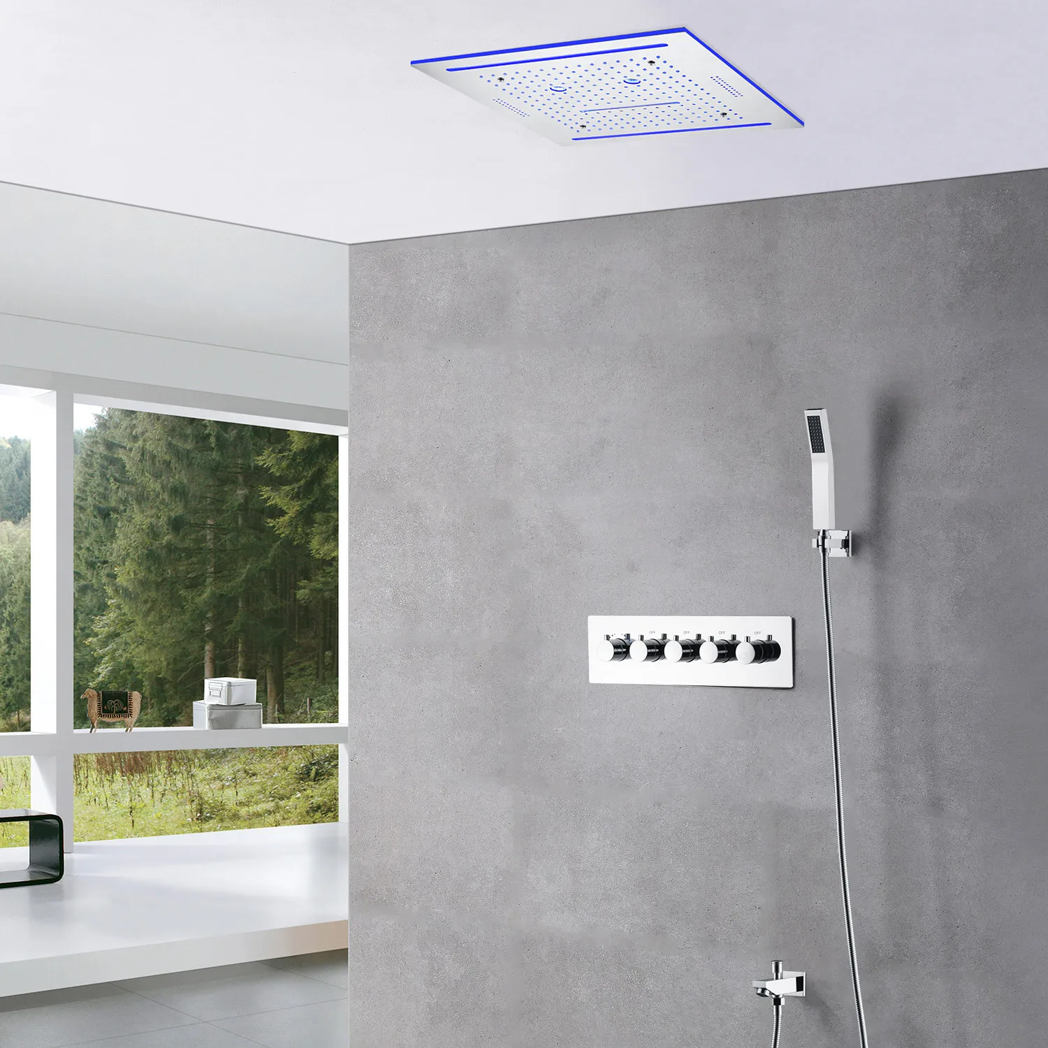 Modern Faucet Unit 400*400 MM Chrome LED Music Spray Rain Shower Thermostat Mixer System Bath & Shower Set