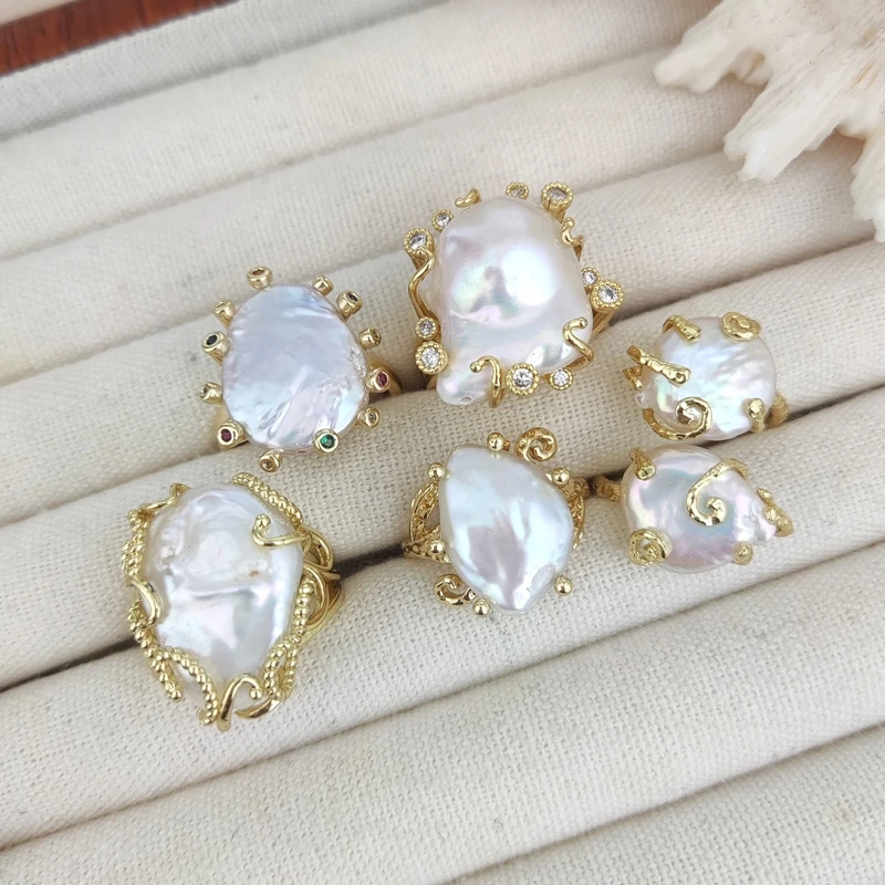 Natural Baroque Freshwater Pearl Ring,High Quality Gold Plated Pearl Rings for Women Wedding Celebration Party Gift