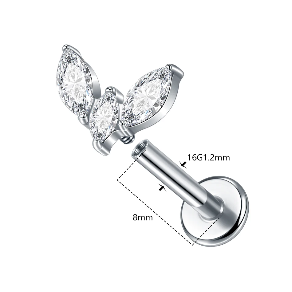 1pc Titanium Leaf Labret Piercing Lip Ring Clear CZ Stud Earring Internally Threaded Tragus Piercing Body Jewelry