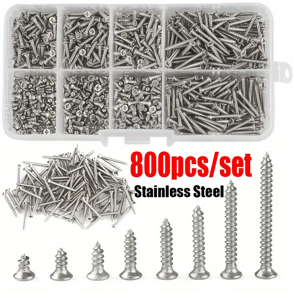 400/800 Miniature Stainless Steel Self-Tapping Screws M2, Self-Locking Wood Screw Kit, Suitable for Fastening Wood and Metal
