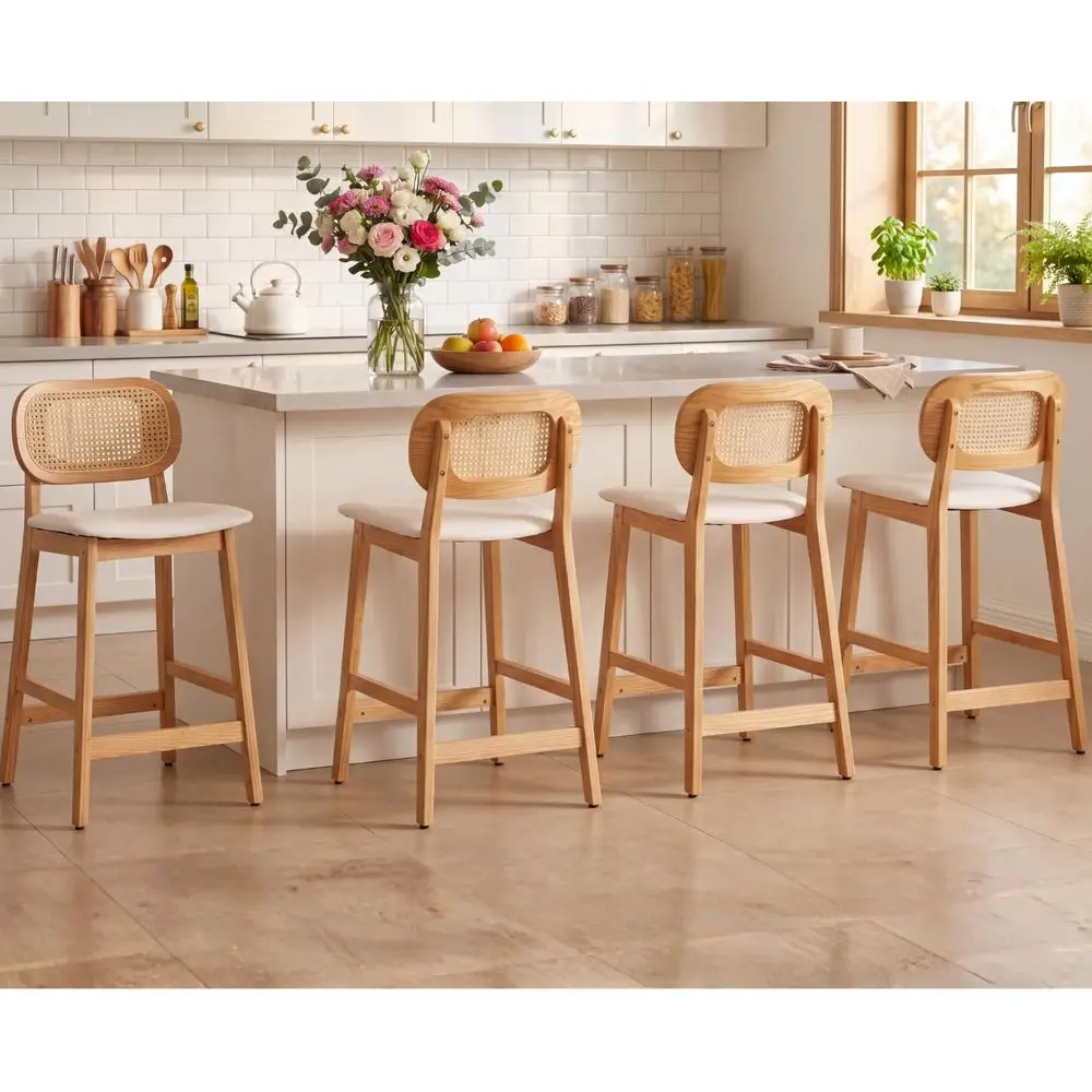 

Counter Height Bar Stools Set of 4 Rattan Back Farmhouse Barstools Mid Century Modern Bar Chairs with Natural Wood Legs Comfort