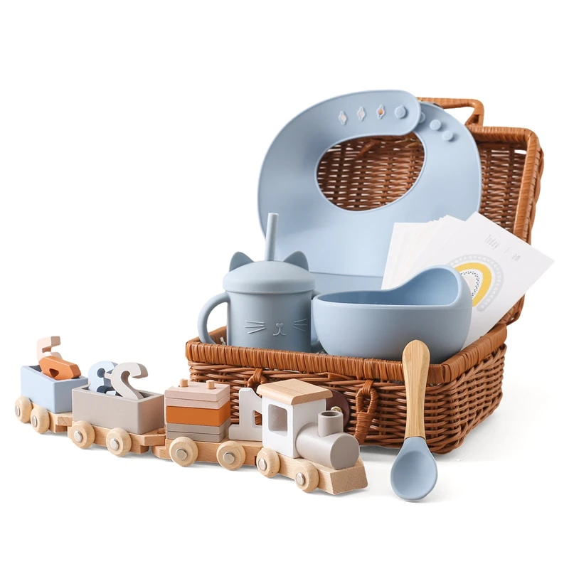 

Baby Wooden Montessori Toy Set Silicone Bib Birthday Train Learning Drinking Cup Bowl Bib Spoon Milestone Card Stacking Toys Kid