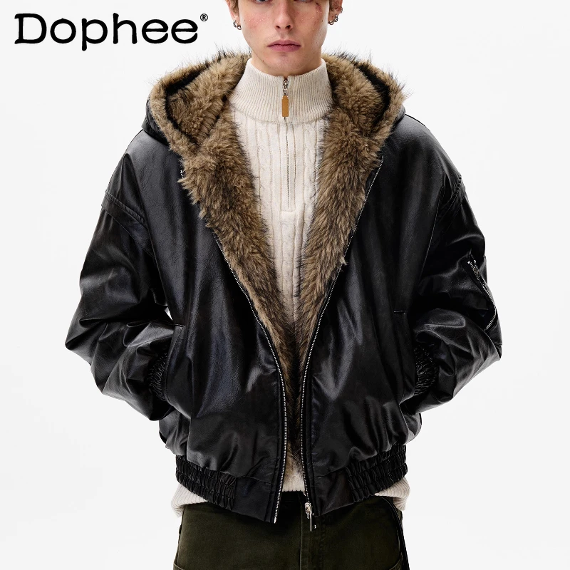 

Men's 2025 Winter New Thickened Parkas American Style Retro Double-sided Wear Design Long Sleeve Coat Hooded Faux Leather Parkas