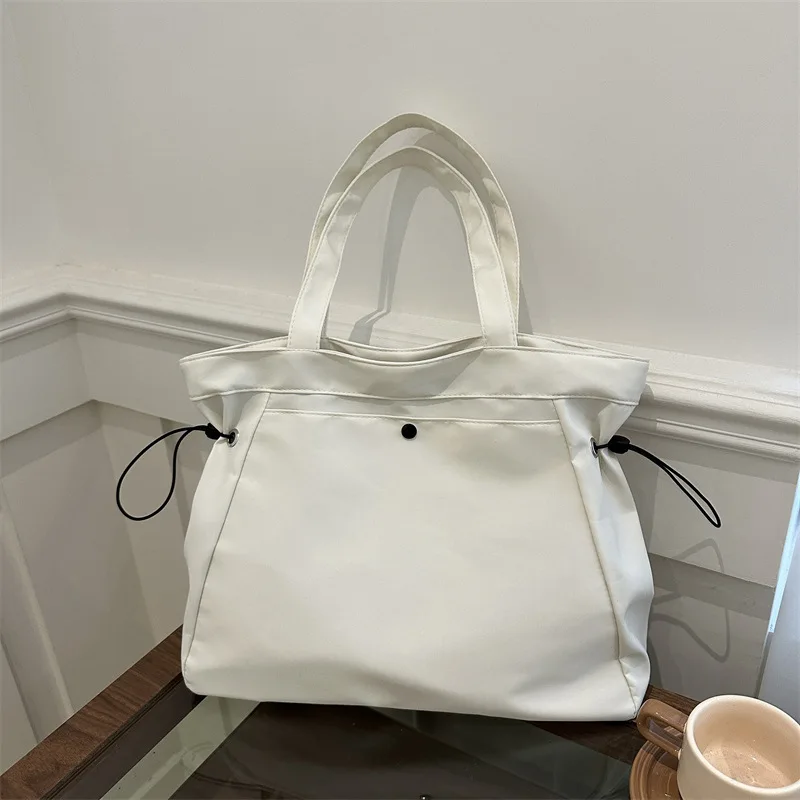 Custom Logo Drawstring Side Nylon Tote Bag Large Capacity Snap Pocket Shoulder Handbag Lightweight Casual Daily Shopping Bag