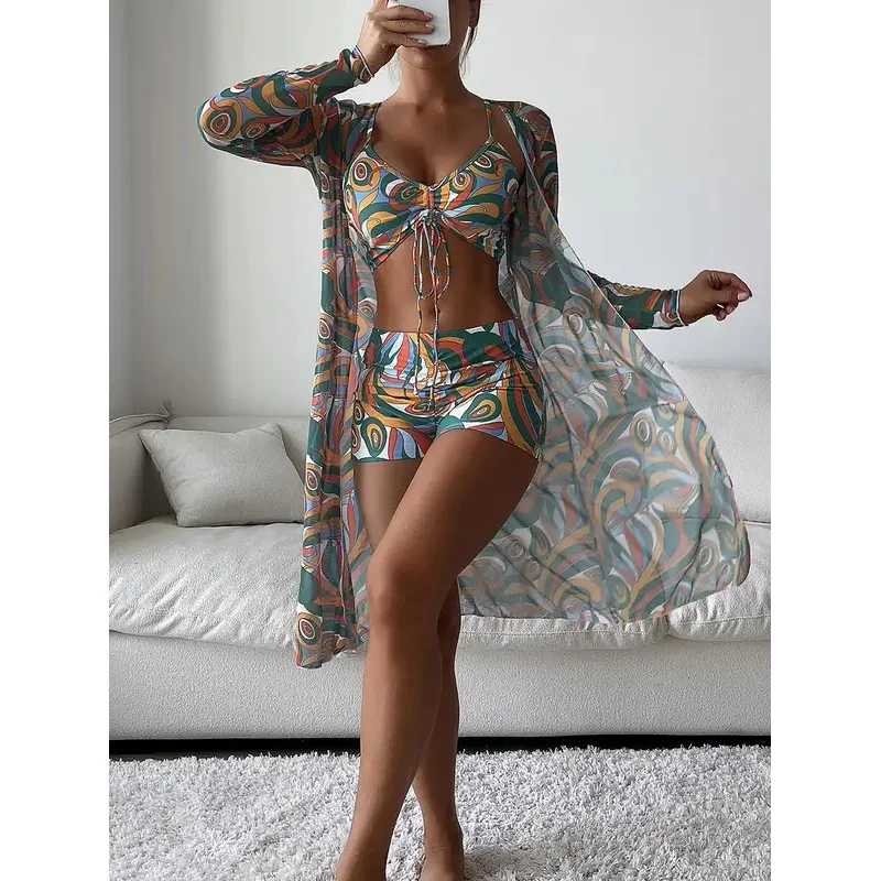 

3 Pieces Sexy Print Bikini 2024 Women High Waist Swimsuit Cover Up Swimwear Female Lady Bathing Suit Swimming Summer Beachwear