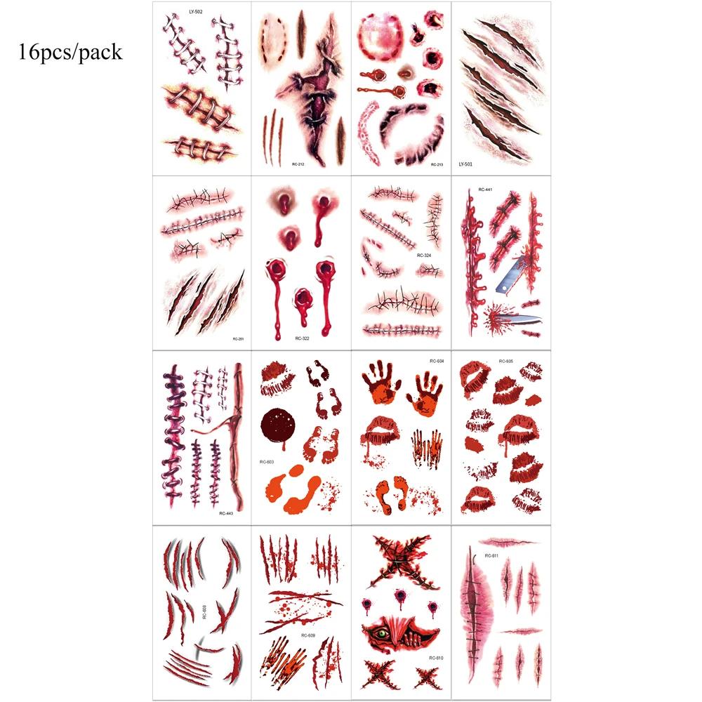16 Uds. Tatuajes temporales de zombis para Halloween, cicatriz falsa, sangre realista, tatuajes de heridas falsas, impermeables para hombres y mujeres, Maquillaje facial