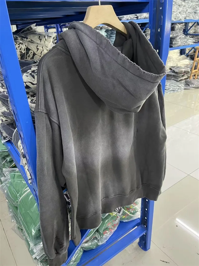 Grey Washed SAINT Mxxxxxx Hoodies Men Women High Quality Destroy Hole Oversized Zip Jacket