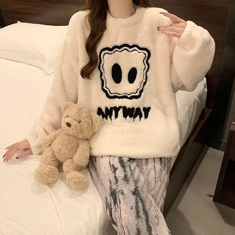 

Women's Pajamas Sleepwear Homewear Winter Autumn Coral Fleece Cute Korean Style Long Sleeve Pants Thick Fleece Set Cartoon Girl