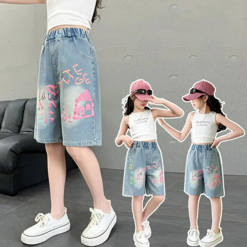 

My Melody Summer Girls Cropped Pants Medium Large Children's Denim Shorts Student Loose Mid-Pants Thin Graffiti Fashion Gift