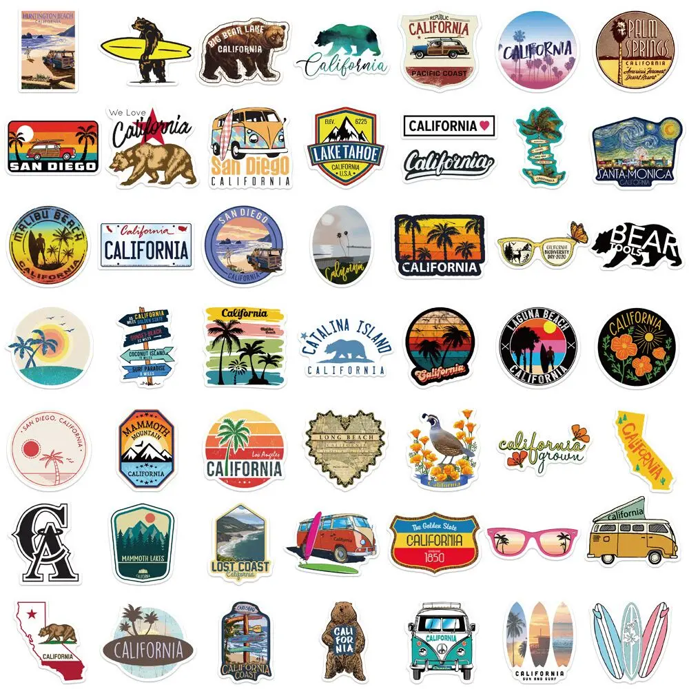 10/50pcs USA California Travel Beach Surfing Stickers DIY Motorcycle Skateboard Laptop Luggage Decals Car Styling Sticker Toy