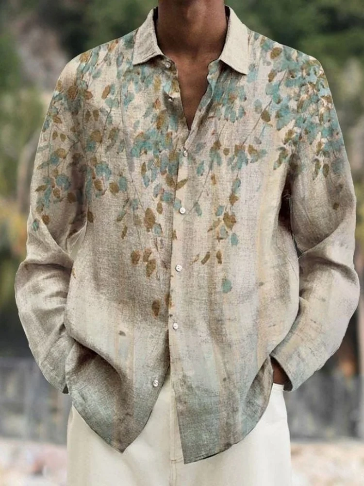 

Lightweight Delicate Leaf Patterns Autumn Shirt Men's Long Sleeve Lapel Bohemian Style Tops Fashion Loose Dropped Shoulder Tunic