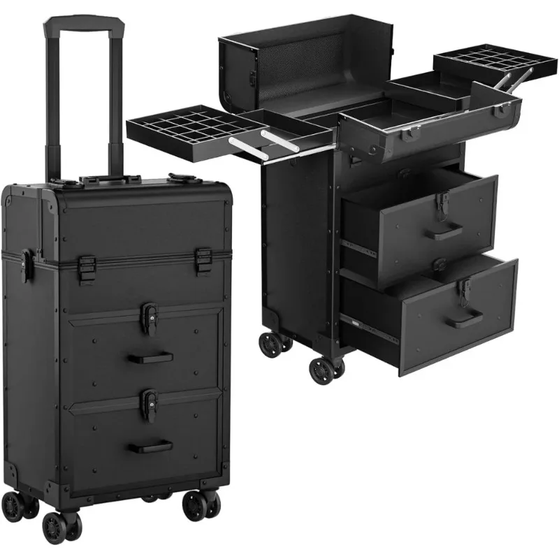 Large Rolling Makeup Train Case, Professional Travel Cosmetology Case on Wheels with Drawers, 3 Tiers Nail Organizers Storage