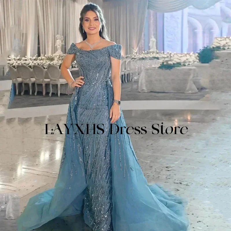 LAYXHS Luxury Off the shoulder Evening Dresses Blue Mermaid Beaded Court Train Prom Dresses Customized فساتين سهرة