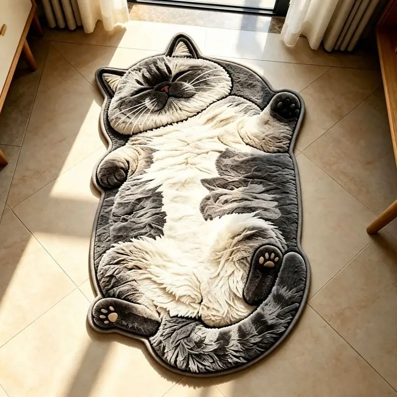 VIKAMA Grey Tabby Belly Up Cat Door Mat Soft Warm Non Slip Living Room Bathroom Decor Comfortable Underfoot Mat Home Decor