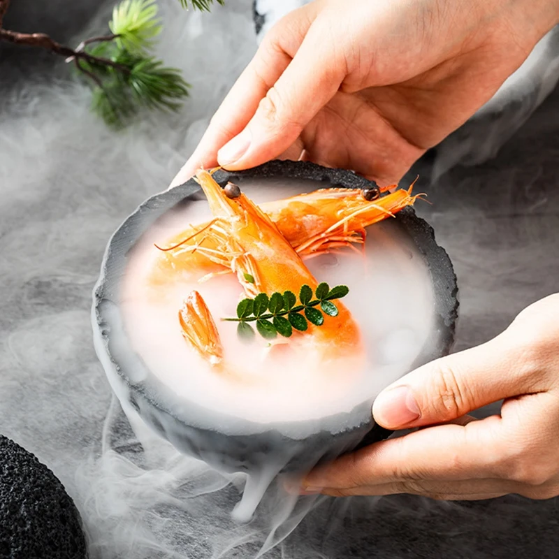 1Set Molecular Cuisine Creativity Imitate The Round Smoke Cup Black Tableware On The Fire Stone Ball Plate Cement + Copper