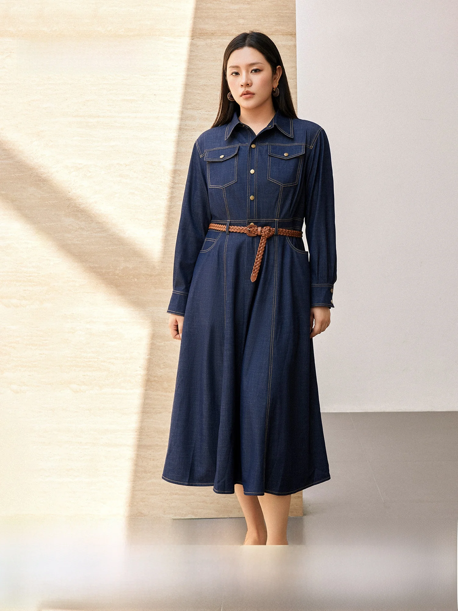 

Повседневная джинсовая юбка-трапеция Plusmall Commuter с длинным рукавом и воротником, большие размеры, осенняя модная офисная одежда для женщин