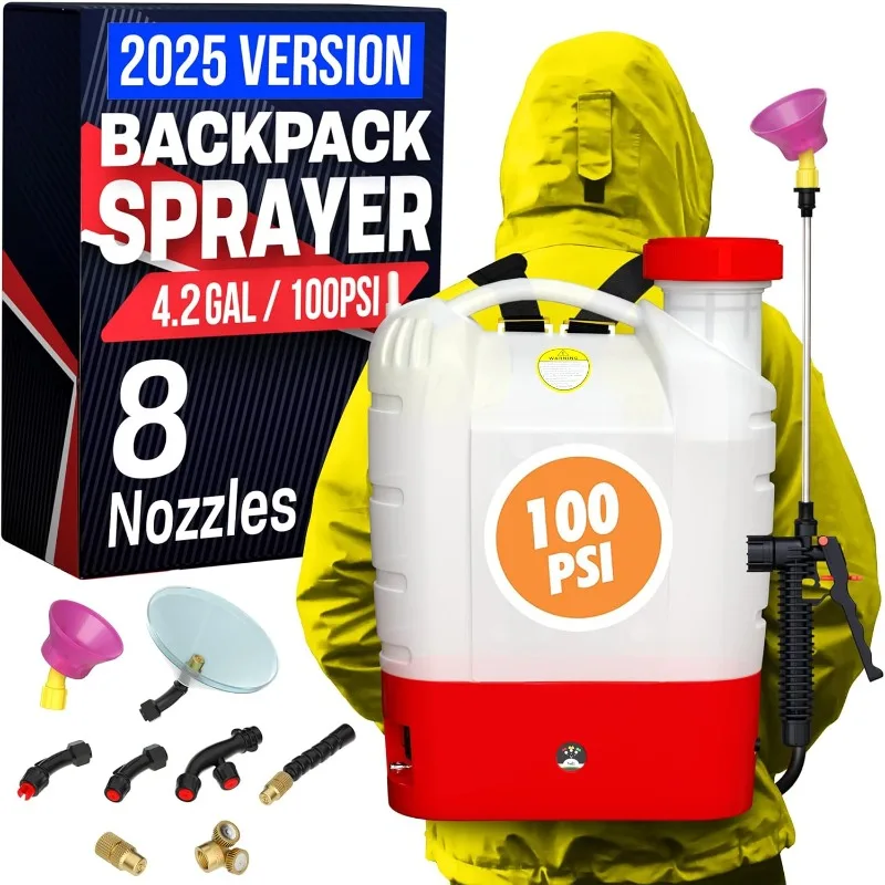 4.2 Gallon Battery Powered Backpack Sprayer - 8 Nozzles, 100PSI Cutoff Pressure, Long Battery Life, Wide Mouth, High-Pressure