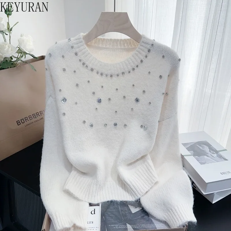 

2025 Autumn Winter Thick Round Neck Pullover Sweater Women New Style Diamonds Beading Casual Loose Short Sweaters Jumpers Tops