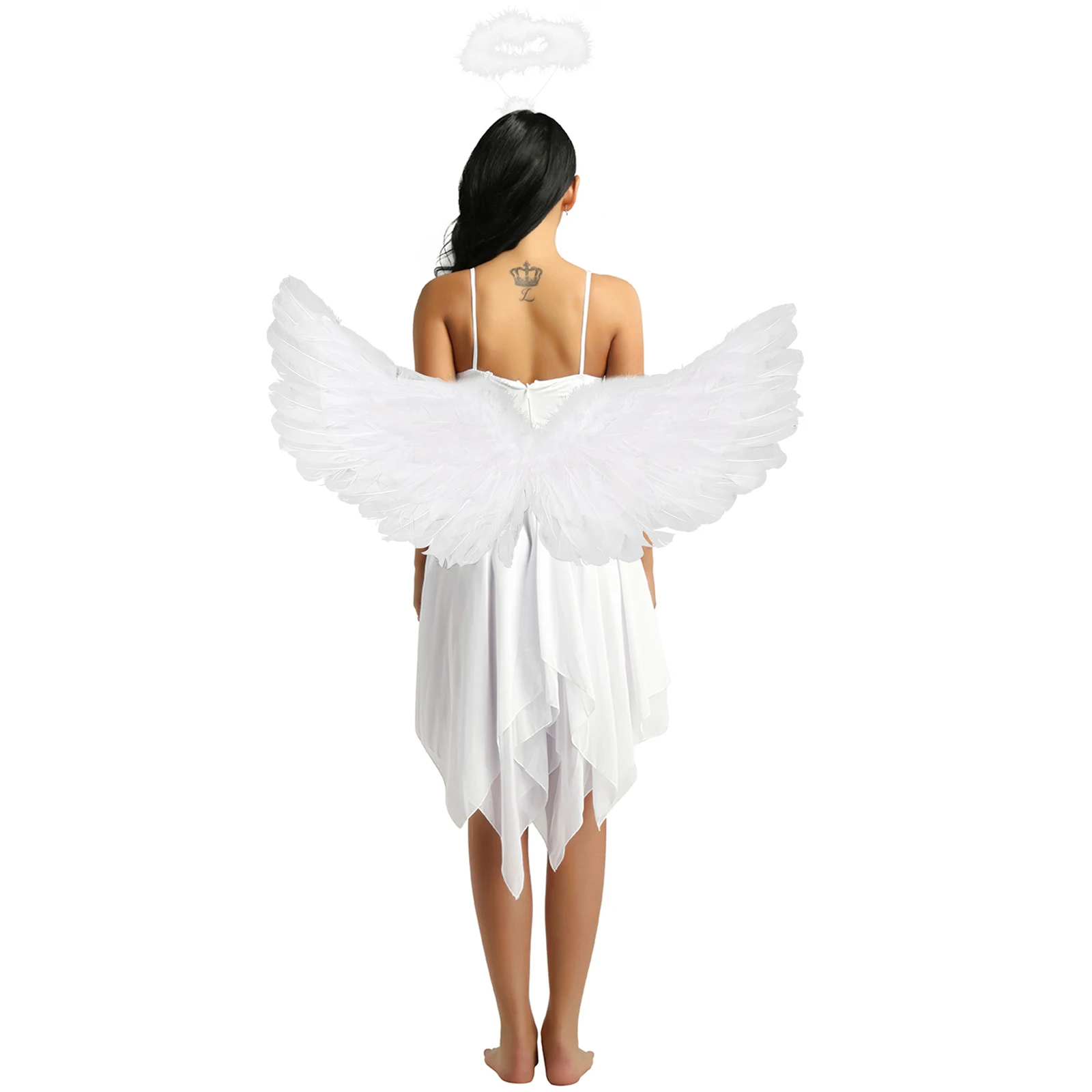 Womens Lyric Dance Dress Halloween Party Costume Asymmetric Chiffon Hem Slim Fit Dress Feather Angel Headband with Feather Wings